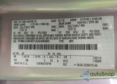 2018 Ford Escape Sel из США, поврежденный, VIN 1FMCU9HD7JUC66683